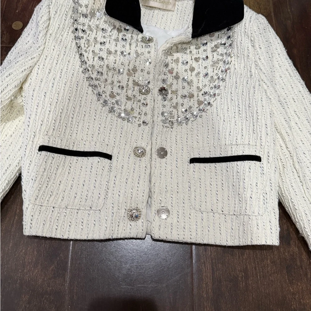 Cream Cropped Embellished Jacket with Black Trim - Picture 3 of 3